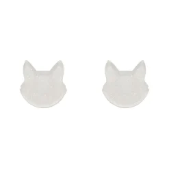 Cat Head Glitter Resin Stud Earrings - White